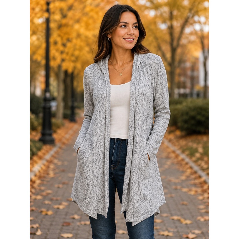 CAUTION TO THE WIND Women's Gray Hooded Cardigan‎ Sweater -1792